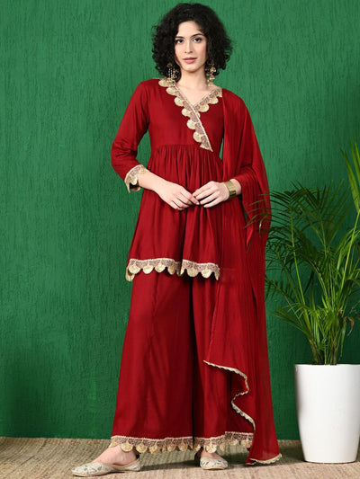 Indyancart SN Women's Lace Detail V-Neck Pleated Anarkali Kurta With Trouser & Dupatta