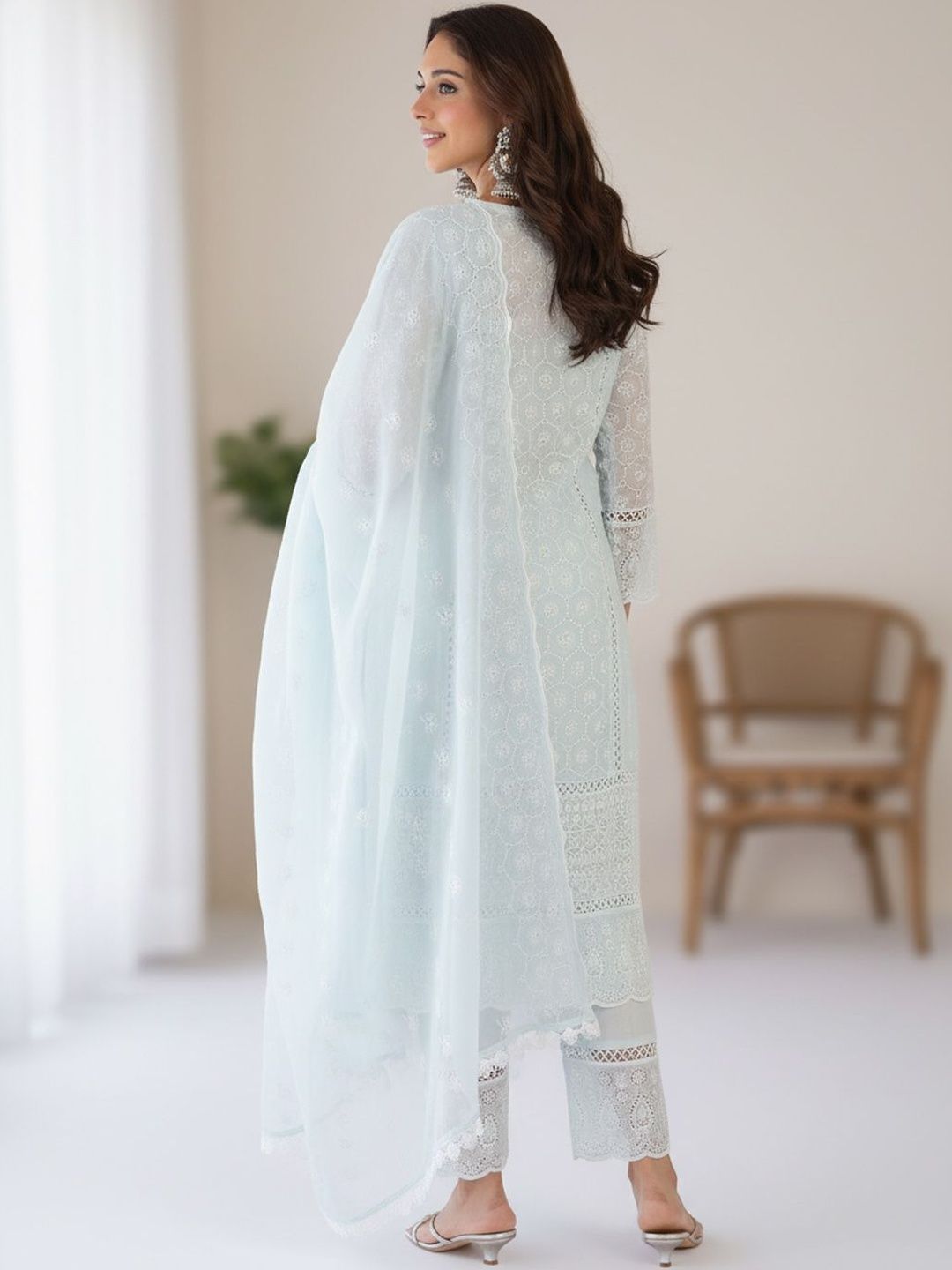 Women Ethnic Motifs Embroidered Regular Chikankari Pure Cotton Kurta with Trousers & With Dupatta
