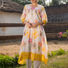 Dhiyona IE Floral Printed Pleated Pure Cotton A-Line Kurta With Trousers