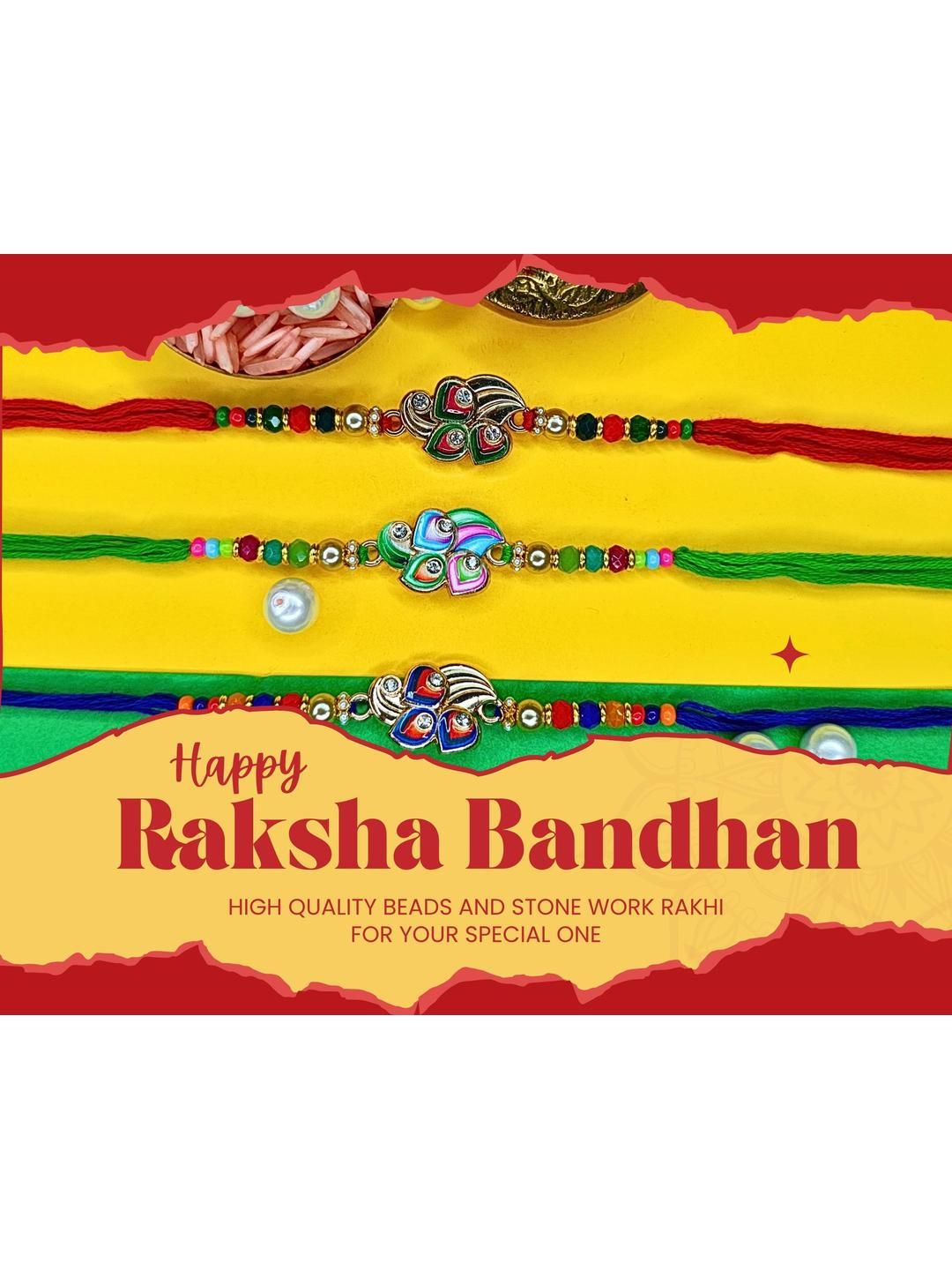 Anouk Set Of 3 Beaded Cotton Thread with AD Stones & Meenakari Designer Rakhi for Brother