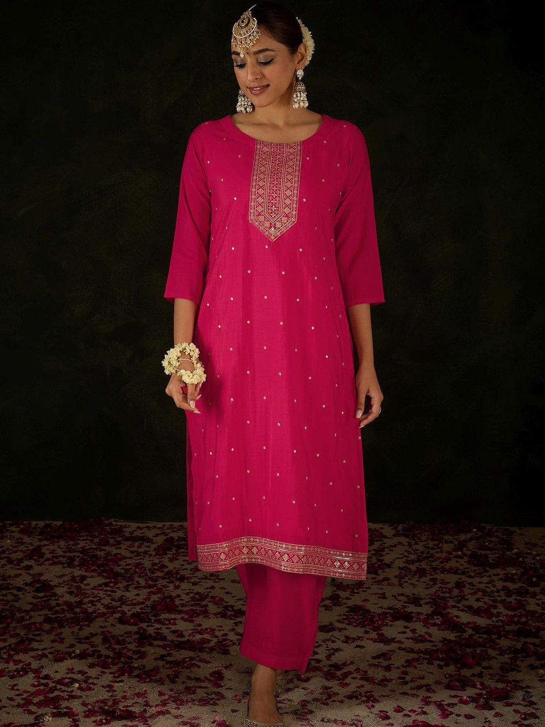 Women Ethnic Motifs Embroidered Regular Kurta with Trousers & With Dupatta