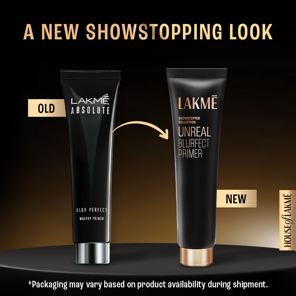 Lakme Unreal Blur Perfect Face Primer showing smooth, matte finish, blurring pores on a model's face for flawless skin.