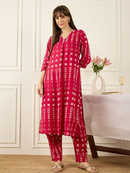 Indyancart IE Printed Mandarin Collar Pure Cotton Top With Trousers