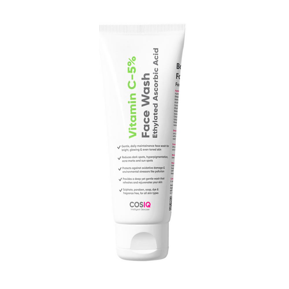 Cos-IQ Vitamin C-5% Brightening Face Wash with a clear pump bottle and fresh citrus scent, designed for glowing, refreshed skin.