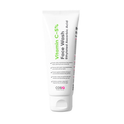 Cos-IQ Vitamin C-5% Brightening Face Wash with a clear pump bottle and fresh citrus scent, designed for glowing, refreshed skin.