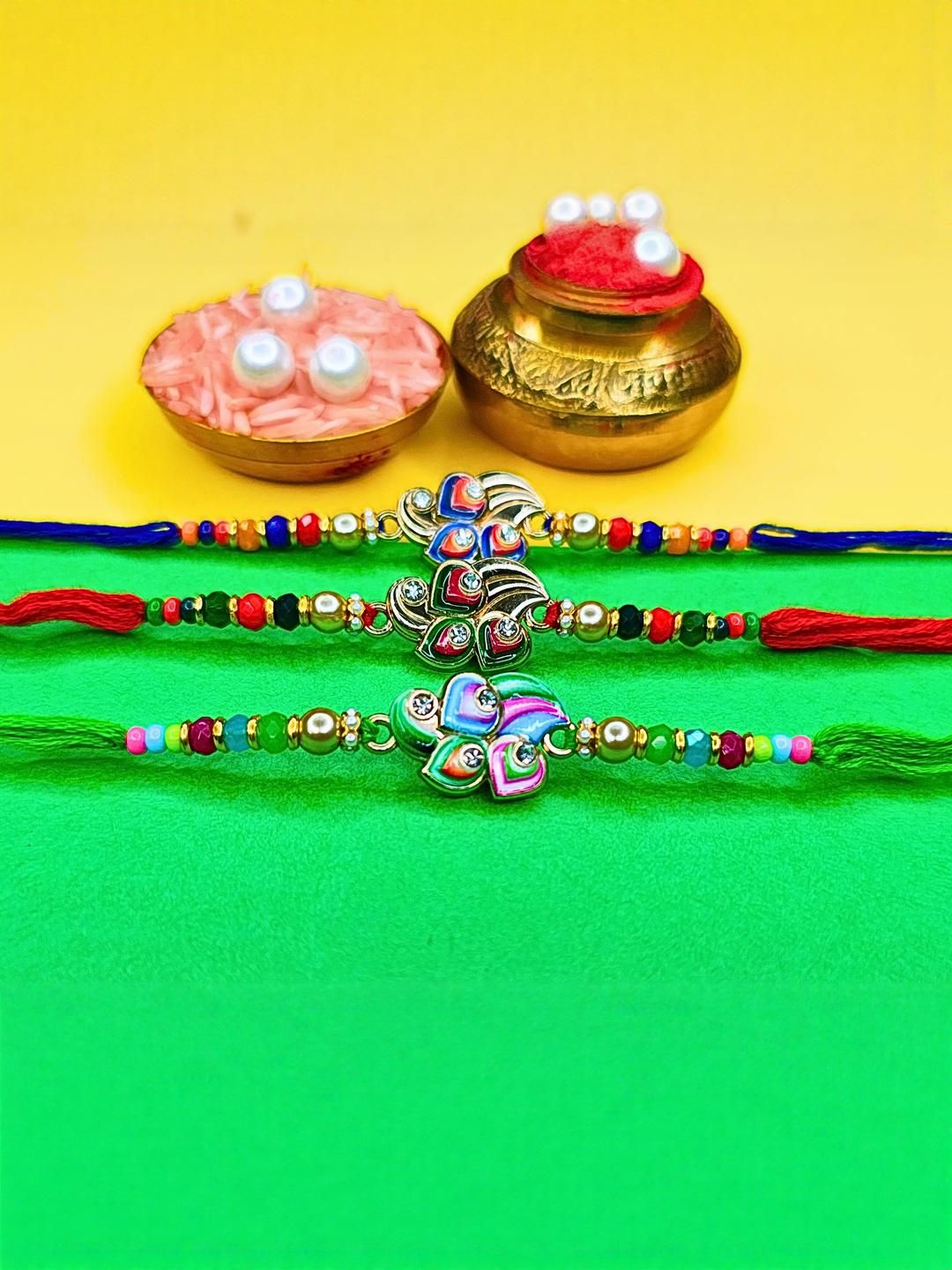 Anouk Set Of 3 Beaded Cotton Thread with AD Stones & Meenakari Designer Rakhi for Brother