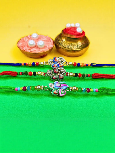 Indyancart Set Of 3 Beaded Cotton Thread with AD Stones & Meenakari Designer Rakhi for Brother