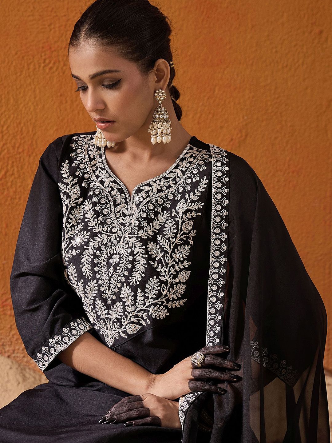 Black Floral Yoke Design Straight Sequinned Kurta With Trousers & Dupatta