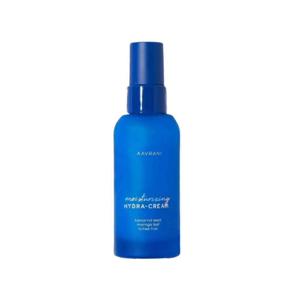 Aavrani Hydra-Moisturizer cream in a white jar, creamy texture visible, designed for face hydration and skin nourishment.