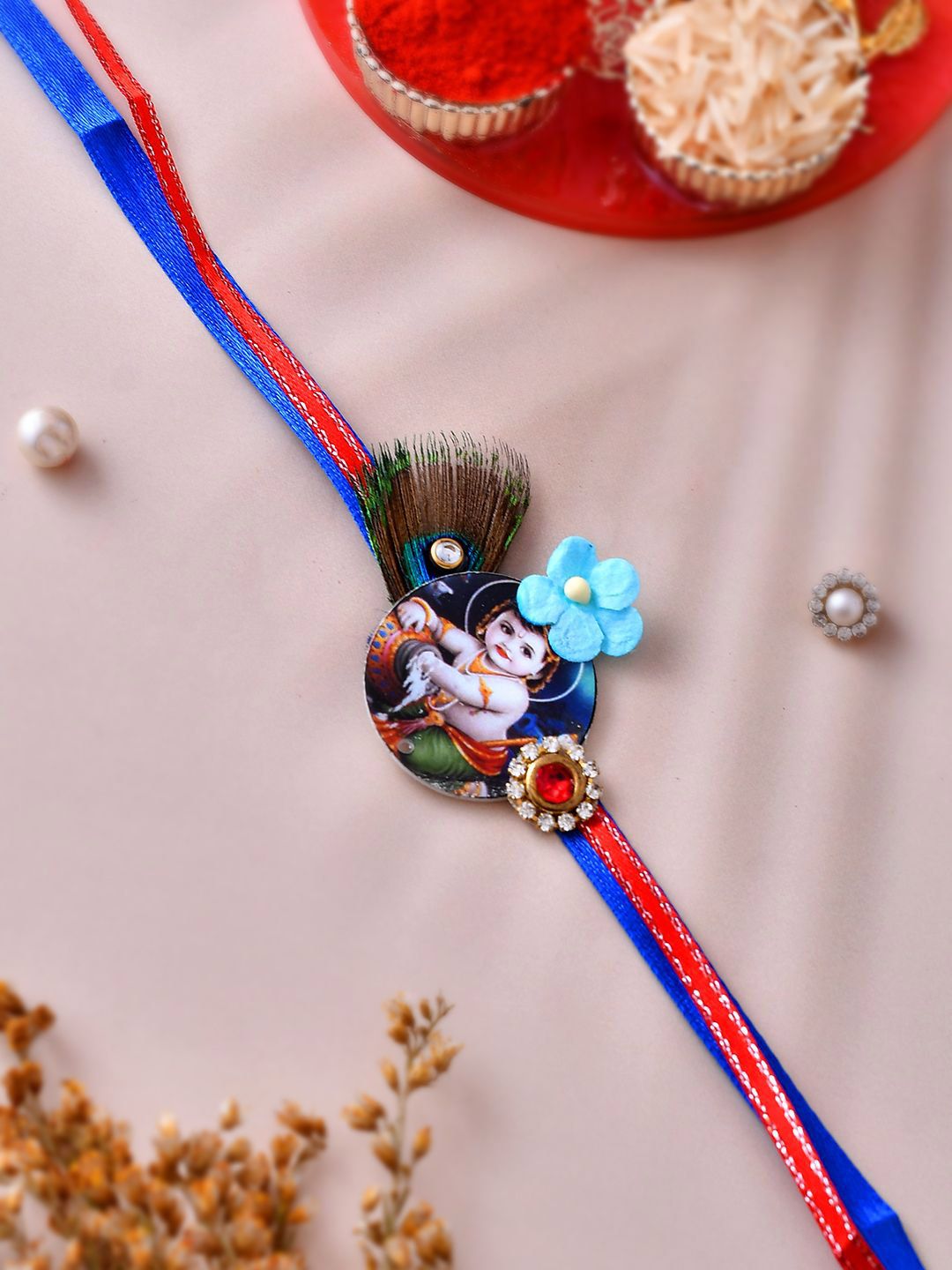 Anouk Blue Mor Pankh & Bal Gopal Beaded Rakhi With Roli Chawal & Greeting Card
