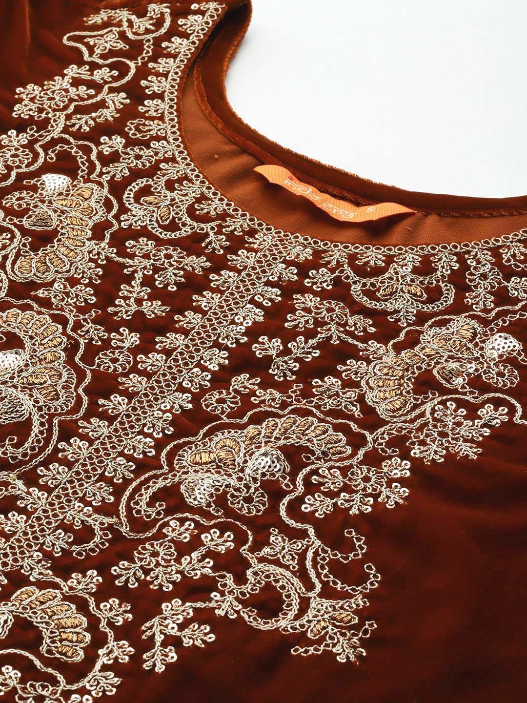 Indyancart IE Floral Embroidered Velvet Kurta with Trousers & With Dupatta