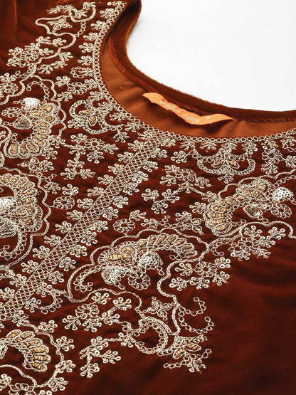 Indyancart IE Floral Embroidered Velvet Kurta with Trousers & With Dupatta