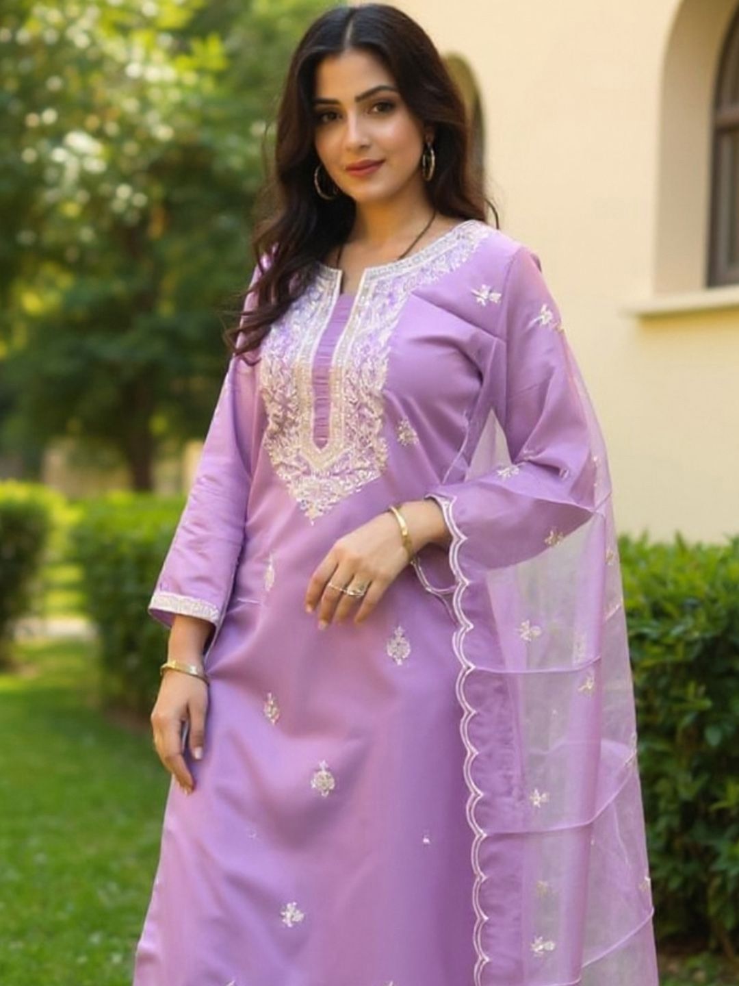 Ethnic Motifs Embroidered Notch Neck Sequinned Kurta With Trousers & Dupatta