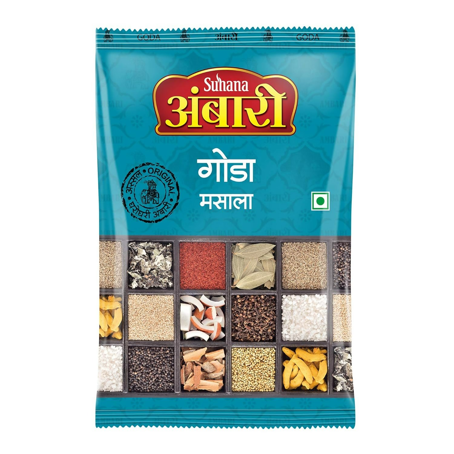 Suhana Ambari Goda Masala pouch showing a colorful spice blend for authentic Indian curry flavors.