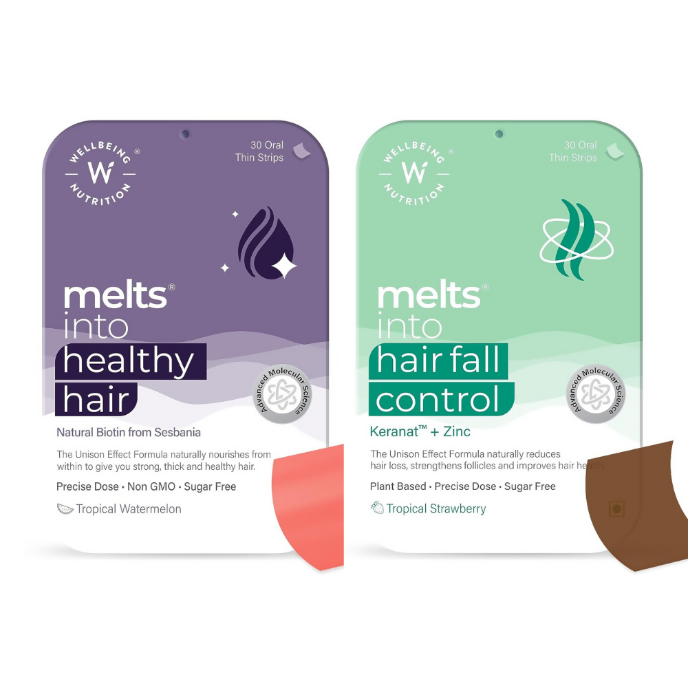 Wellbeing Nutrition Melts healthy hair and hair fall control strips, oral care supplements for hair health and strengthening.