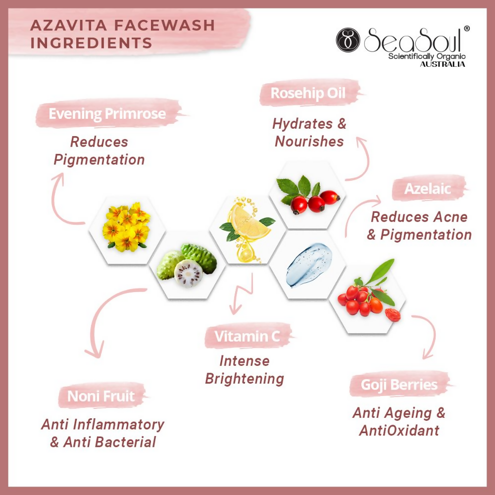 SeaSoul Azevita face wash with brightening formula, showing a clear tube of the cleansing facial skin product.