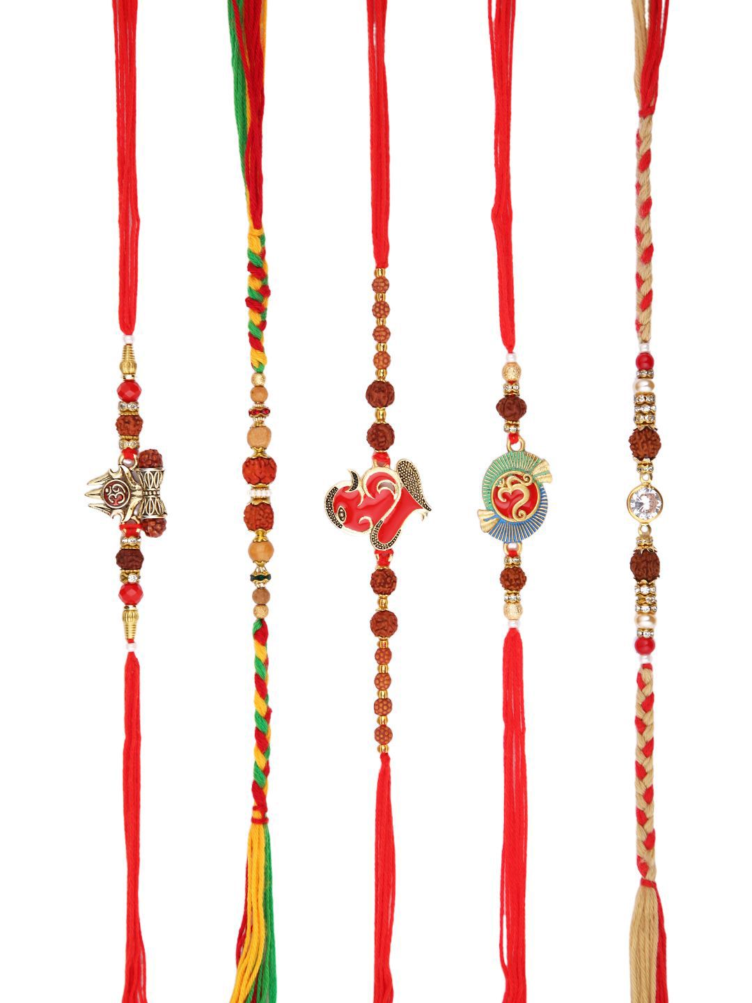 Anouk Set Of 5 Rudraksh & Swastik Beaded Thread Rakhi With Roli Chawal & Greetings Card