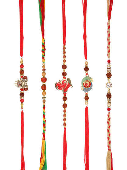 Anouk Set Of 5 Rudraksh & Swastik Beaded Thread Rakhi With Roli Chawal & Greetings Card
