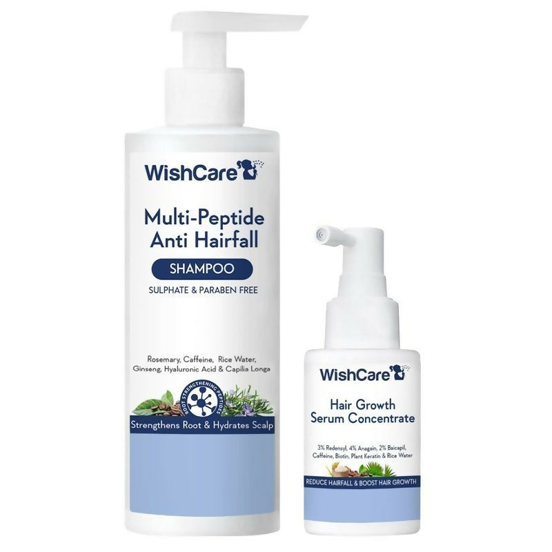 Wishcare hair growth serum and anti-hair fall shampoo bottles with labels, featuring a sleek design and natural ingredients.