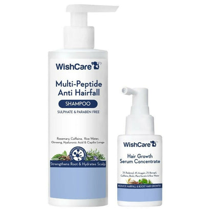 Wishcare hair growth serum and anti-hair fall shampoo bottles with labels, featuring a sleek design and natural ingredients.