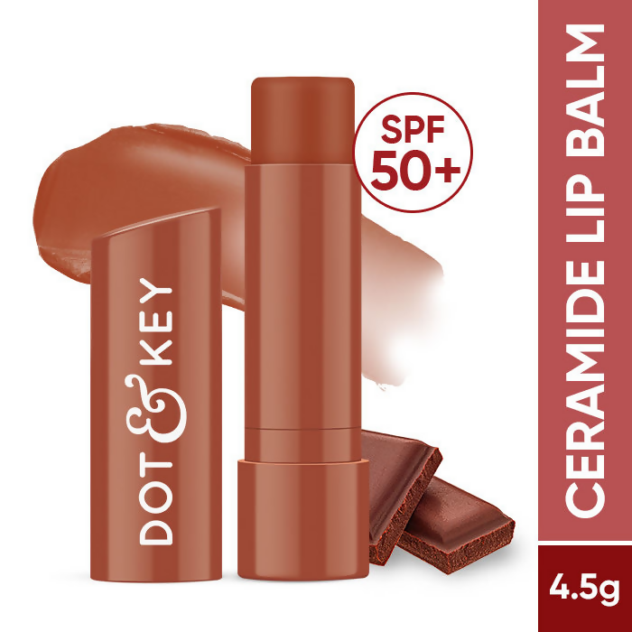 Dot & Key Barrier Repair Hydrating Lip Balm SPF 50 with cocoa nude, showing the balm tube with ceramides and peptides for nourished lips.
