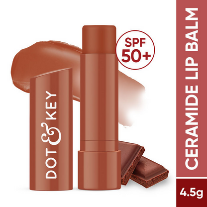 Dot & Key Barrier Repair Hydrating Lip Balm SPF 50 with cocoa nude, showing the balm tube with ceramides and peptides for nourished lips.
