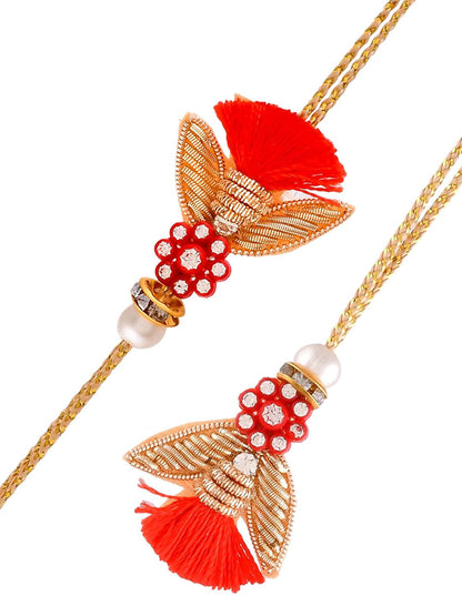 Anouk Red Set of 2 Scarlet Floral Studded Zari Work Rakhi With Roli Chawal & Greeting Card
