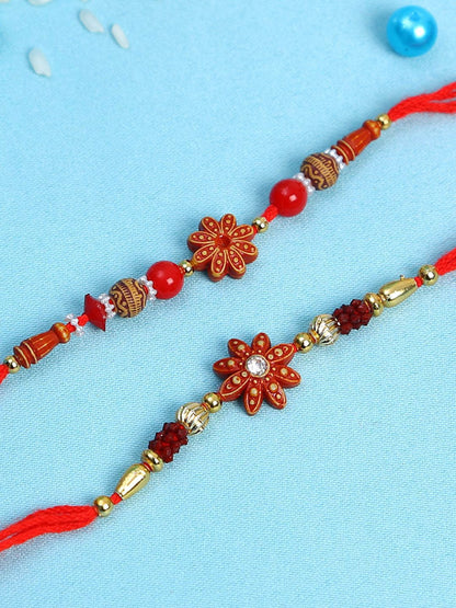 Anouk Set Of 2 Red Flower Rakhis Comes With Roli Rice & Greeting Card