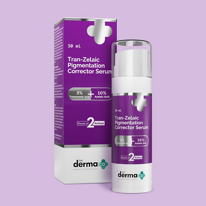 The Derma Co Tran-Zelaic Pigmentation Corrector Serum bottle with applicator and ingredients list visible.