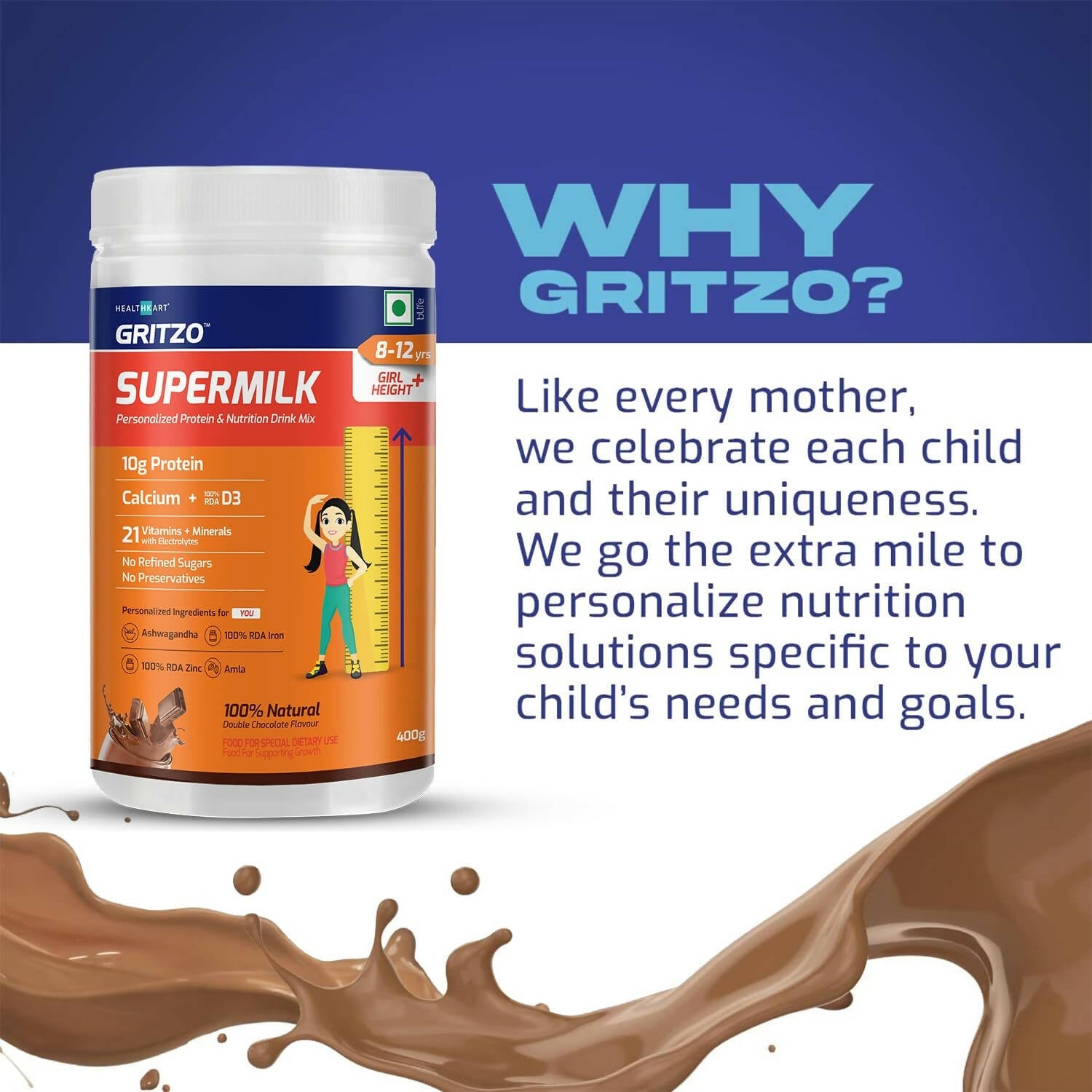 Gritzo SuperMilk Height+ Health Drink for 8-12y Girls - Double Chocolate Flavor - Indyancart