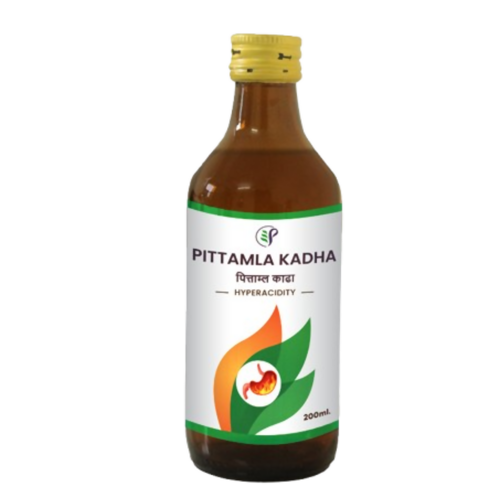 Pathak Ayurvedic Pharmacy Pittamla Kadha Ayurvedic syrup in a glass bottle with a green label and a wooden spoon.