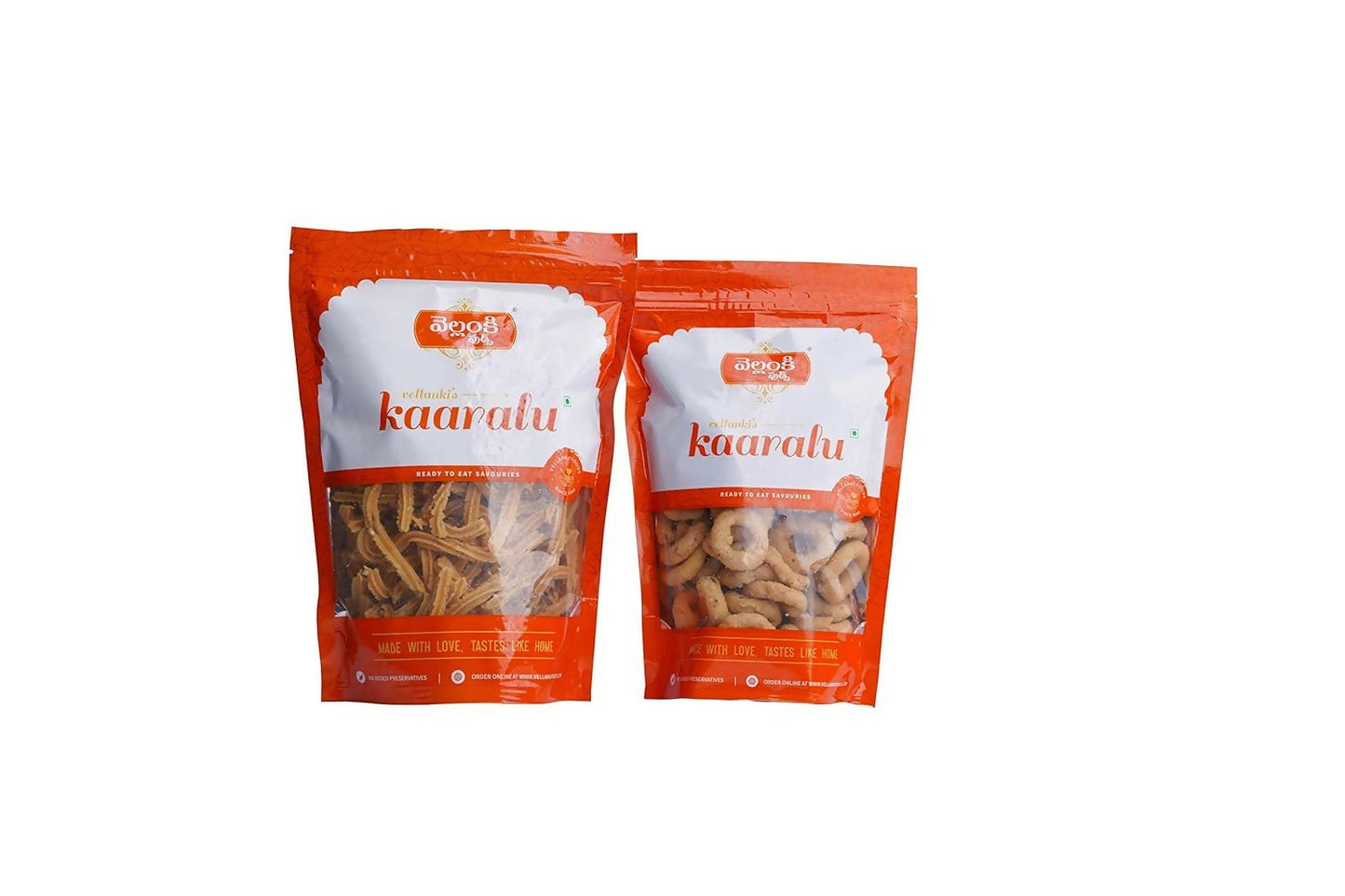 Vellanki Foods Andhra snacks combo featuring crispy Muruku and Chegodi in 500 gm packs, traditional North Indian snacks.