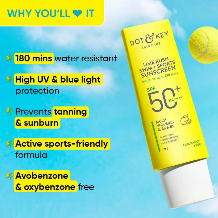 Dot & Key Lime Rush Sunscreen SPF 50+ in a tube, designed for swim and sports protection, with a refreshing lime scent.