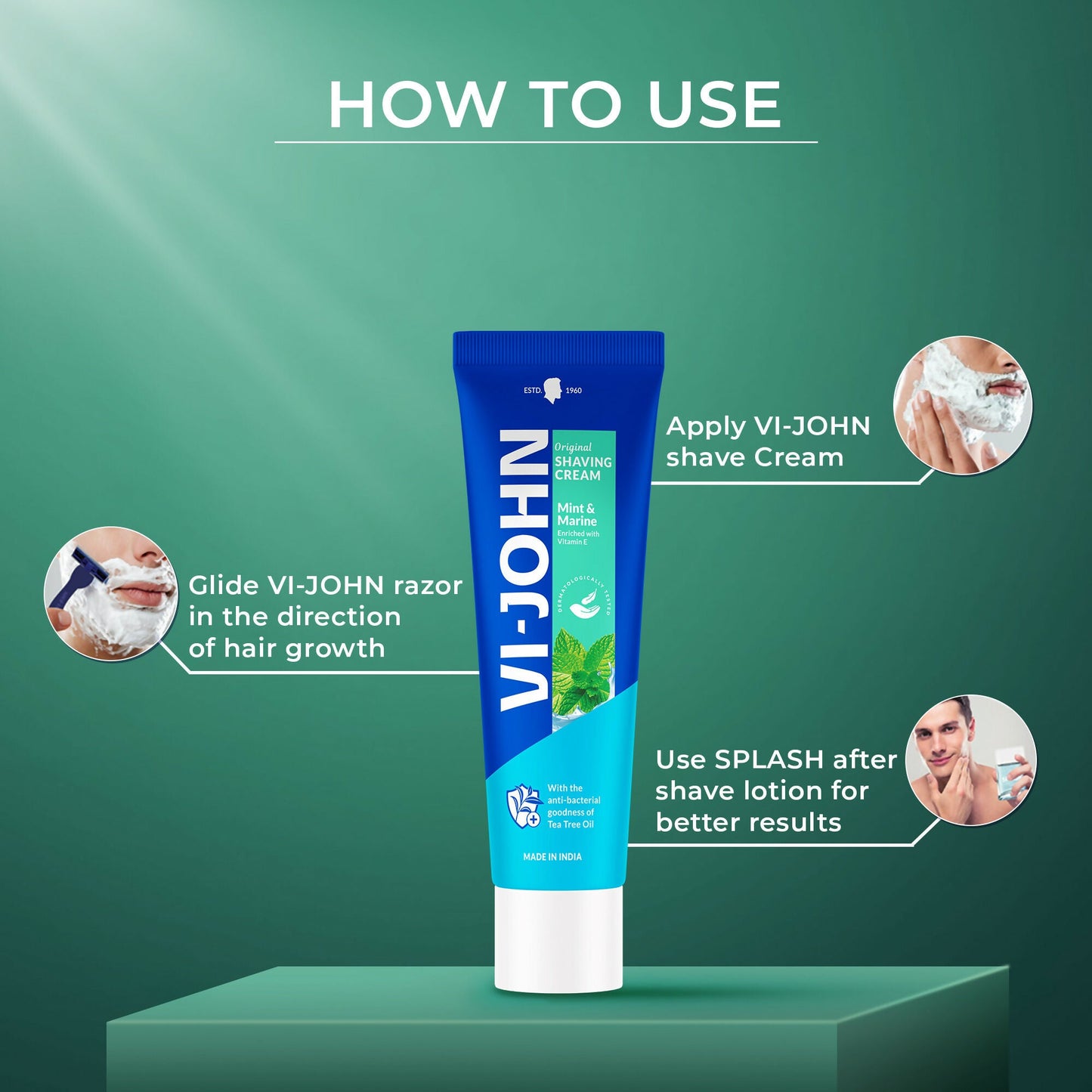 VI-JOHN Vitamin E enriched anti-bacterial mint and marine shaving cream in a tube, ideal for a smooth, refreshing shave.