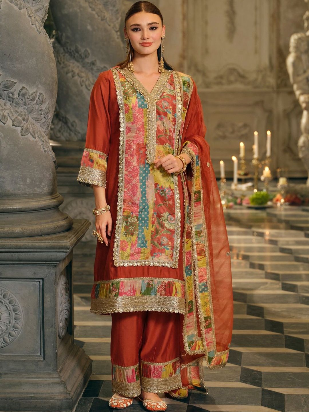 Indyancart IE Women Floral Printed Regular Gotta Patti Kurta with Palazzos & With Dupatta