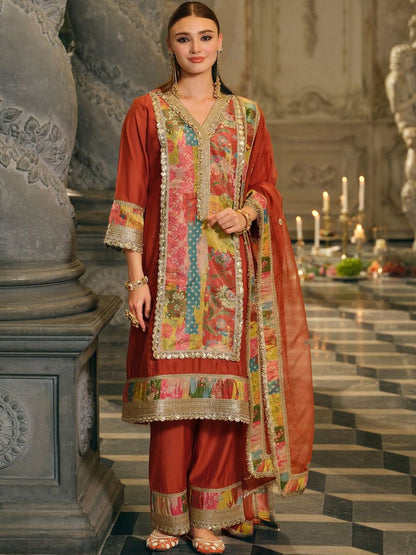 Indyancart IE Women Floral Printed Regular Gotta Patti Kurta with Palazzos & With Dupatta