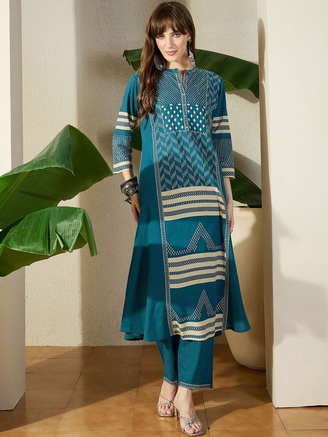Women Pure Cotton Printed A-Line Kurta & Trousers