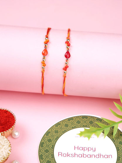 Anouk Orange Set Of 2 Beaded Thread Rakhis With Roli Chawal & Greeting Card