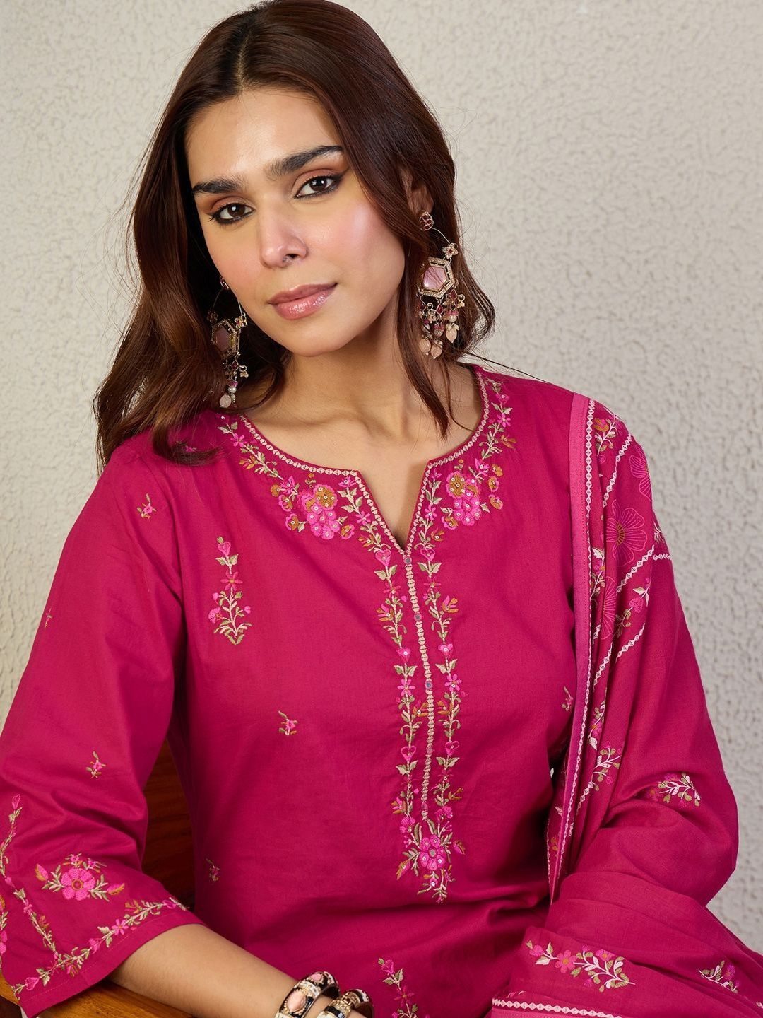 Ethnic Motifs Embroidered Thread Work Pure Cotton Kurta with Trouser & Dupatta