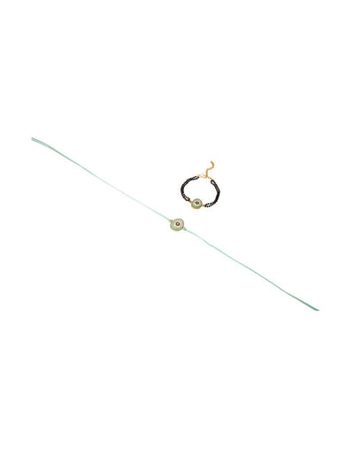 Indyancart Set Of 2 Green Round Shape Artificial Stones Bhaiya Bhabhi Rakhi With Roli Chawal