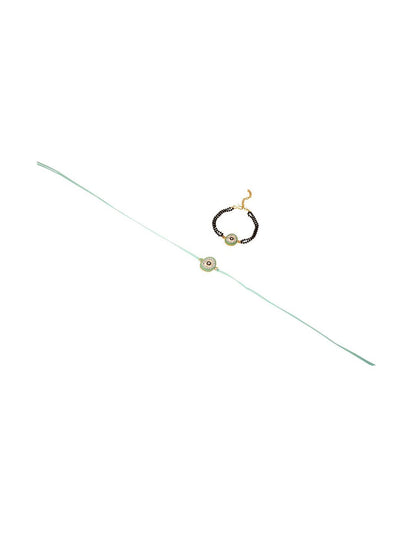 Anouk Set Of 2 Green Round Shape Artificial Stones Bhaiya Bhabhi Rakhi With Roli Chawal