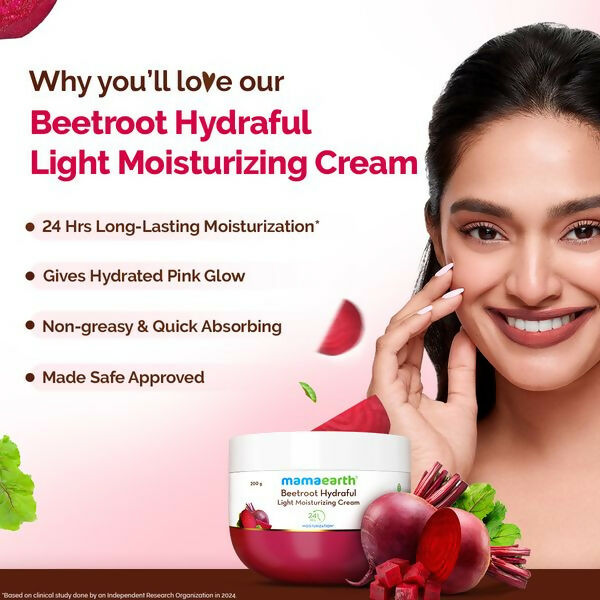 Mamaearth Beetroot Hydraful Light Moisturizing Cream with beetroot and hyaluronic acid for glowing, hydrated skin.