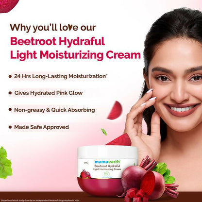 Mamaearth Beetroot Hydraful Light Moisturizing Cream with beetroot and hyaluronic acid for glowing, hydrated skin.