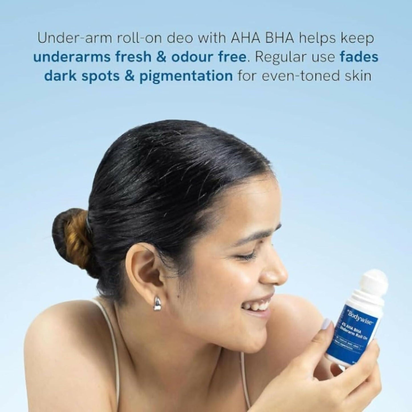 BeBodywise 4% AHA BHA underarm cream for pigmentation reduction, shown in a white roll-on bottle with floral fragrance.