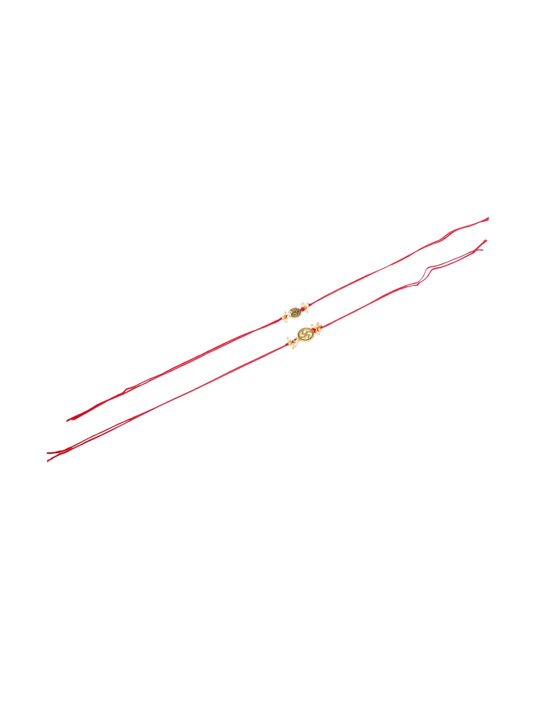 Anouk Men Set Of 2 Gold Toned Pearls Swastik Desgin Thread Rakhi With Roli Chawal
