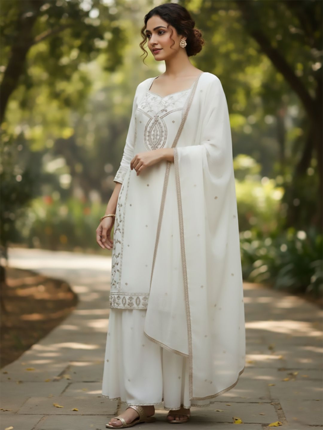 Indyancart VA Women Ethnic Motifs Embroidered Regular Thread Work Kurta with Sharara & With Dupatta