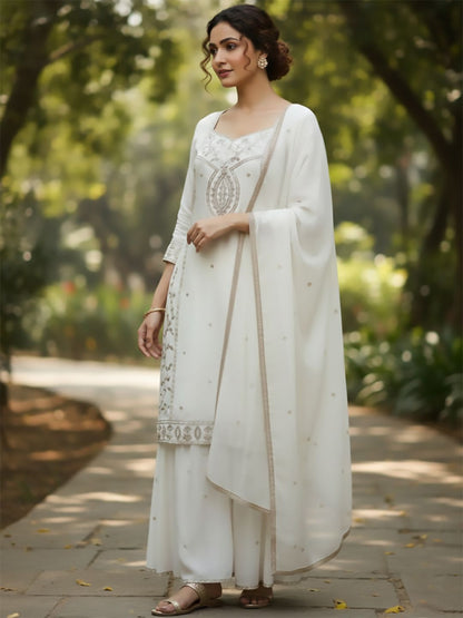 Indyancart VA Women Ethnic Motifs Embroidered Regular Thread Work Kurta with Sharara & With Dupatta
