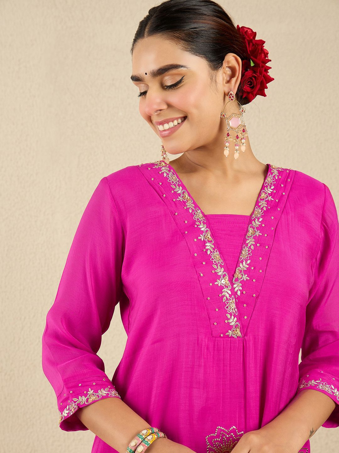 Floral Embroidered Square Neck Gotta Patti A-Line Kurta With Trousers