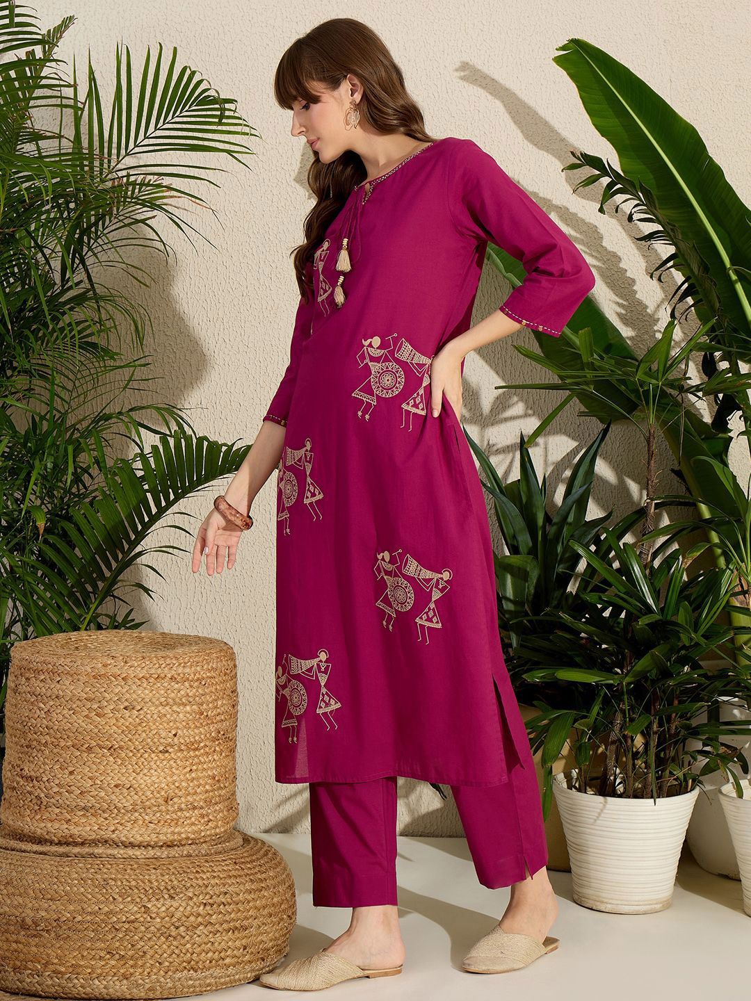 Indyancart IE Embroidered Round Neck Straight Pure Cotton Kurta & Trousers