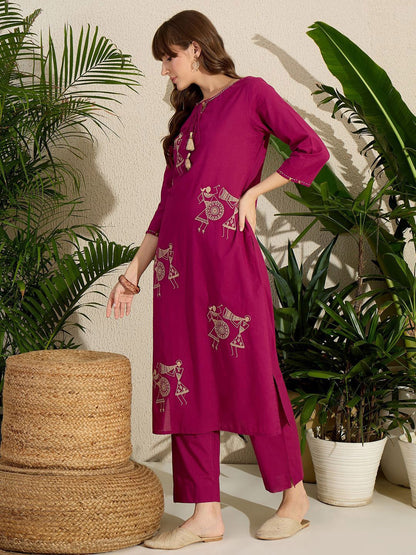 Indyancart IE Embroidered Round Neck Straight Pure Cotton Kurta & Trousers